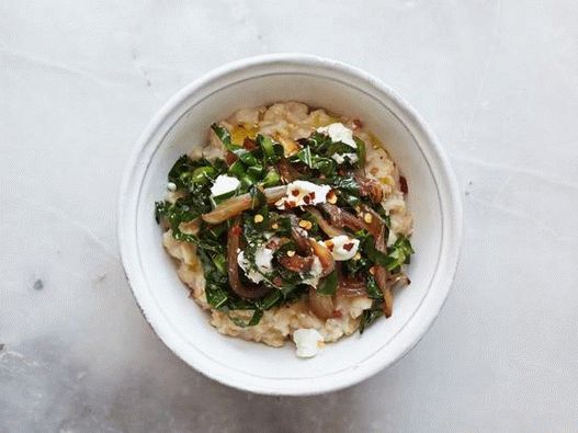 Cheerfulness Charge: Goat Cheese, Caramelized Onions, Kale Cabbage and Cereal Hot Peppers