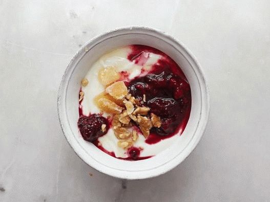 Berry feast: crushed blueberries, raspberries and blackberries, honey, ginger and nuts