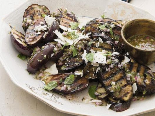 Photo of grilled eggplant with feta and vinaigrette dressing with mint