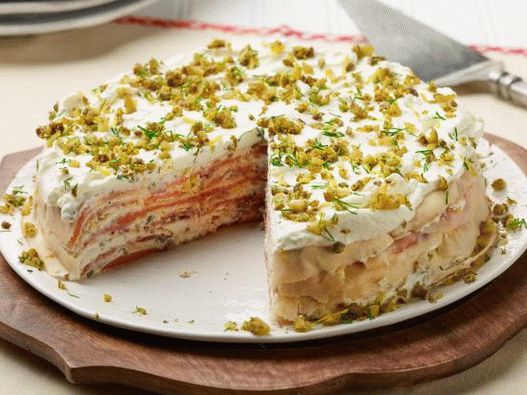 Photo Pancake cake with smoked salmon and creamy spread