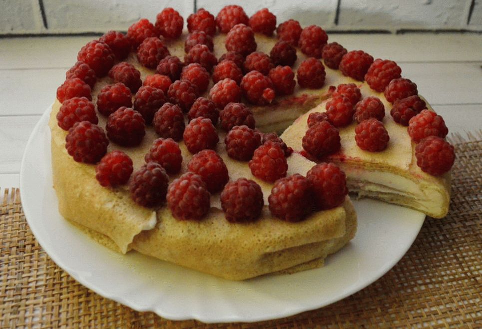 Pancake cake with raspberries