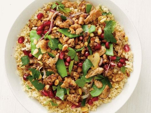 Photo of a quinoa bowl with turkey and snow peas