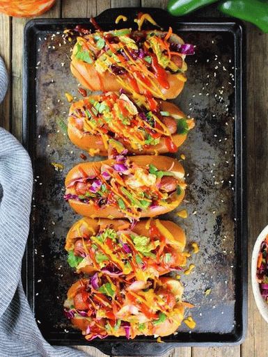 Photo of a hot dog with kimchi in Asian style