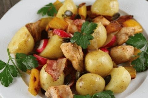 Potato salad with radish, bacon and chicken