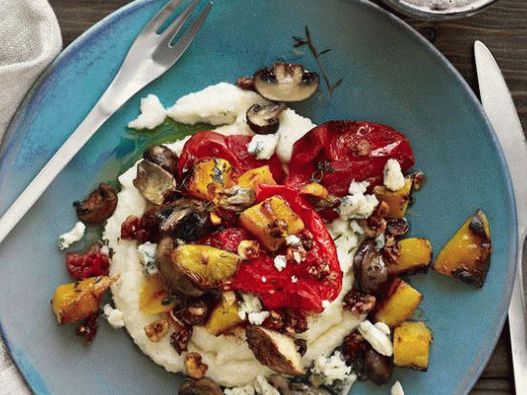 Photo of White corn porridge with baked pumpkin, hazelnuts and blue cheese