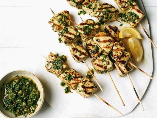 Photo of swordfish kebabs with mint pesto