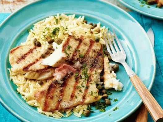 Grilled tilapia with lemon oil, capers and orzo paste