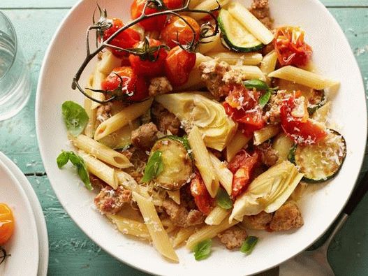 Photo of the dish - Pasta with fried artichokes, zucchini and minced meat