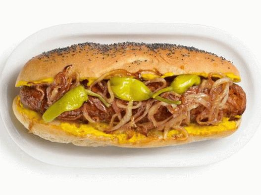 Hot dogs with sausages, fried onions and pickled peppers