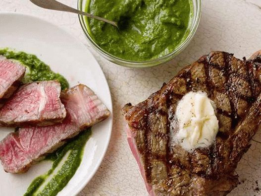 Grilled ribeye steak with green confiture