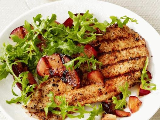 Turkey chops with grilled plum salad