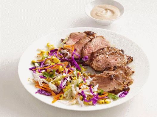Grilled pork with corn and cabbage salad