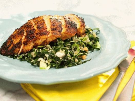 Chicken breast with chili pepper with quinoa, kale and brussels sprouts salad