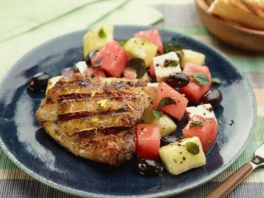 Grilled chicken thighs with feta and watermelon salad