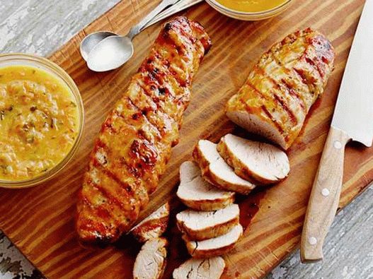Grilled pork in a glaze with moho sauce