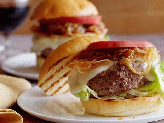 Burger with Taleggio cheese, pancetta and onion and mustard sauce