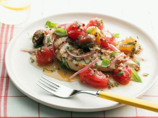Grilled chicken breast with pickled cherry tomatoes