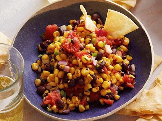 Photo of the dish - Salsa from fried corn and beans with corn chips from the oven