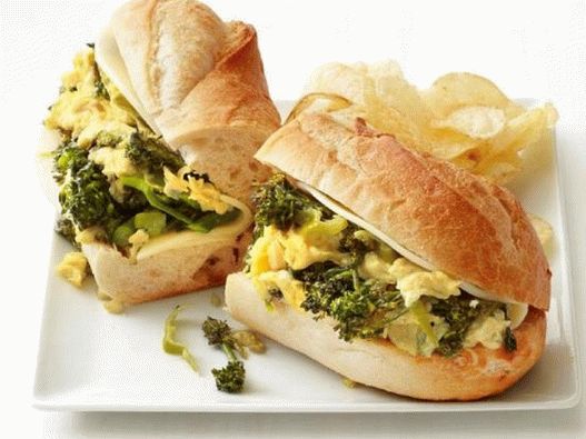 Sandwich with broccoli and scrambled eggs