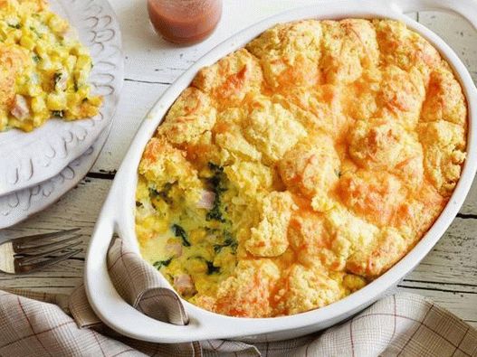 Corn casserole with ham and cabbage kale for breakfast