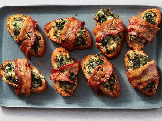 Bacon wrapped spinach crostini