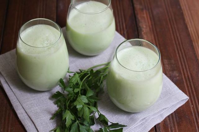 Tan drink with cucumber