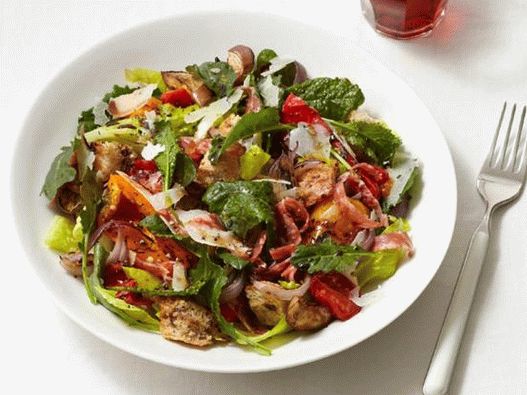 Eggplant salad with cabbage kale and croutons