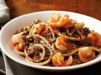 Photo of Bucatini Pasta with Pesto and Shrimp