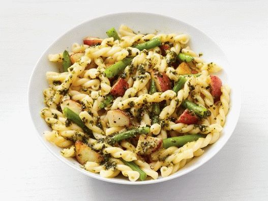 Photo of gemelli pasta with pesto sauce, potatoes and green beans
