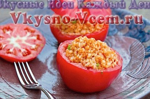 Pilaf from brown rice with vegetables and serving in a plate of tomatoes