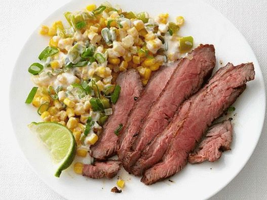 Steak with chili pepper and creamy corn