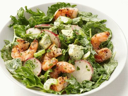 Photo of the dish - Grilled prawns with avocado, radish and kale salad