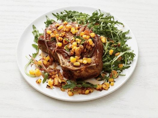 Photo of the dish - Natural pork chop on the bone with corn and arugula