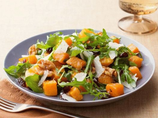 Photo of the dish - Baked nutmeg pumpkin salad with warm vinaigrette sauce, cheese and walnuts