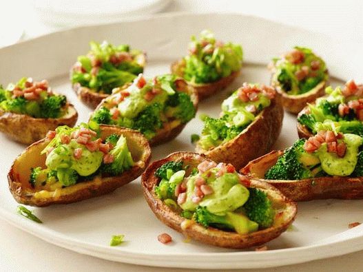 Potato skins stuffed with broccoli, cheddar and avocado cream