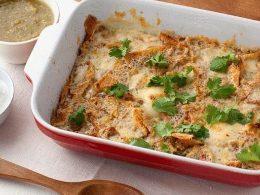 Chilakiles - casserole with crispy chips, cheese and egg