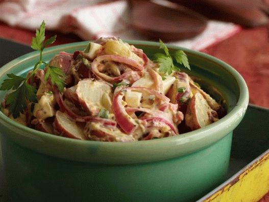 Texas-style potato salad with mustard and pickled onions
