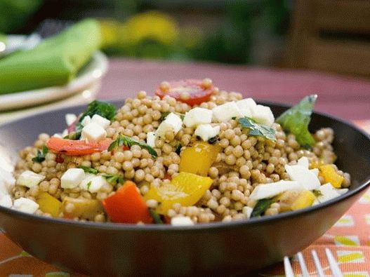 Israeli couscous (ptim) with grilled ratatouille, mozzarella and French dressing