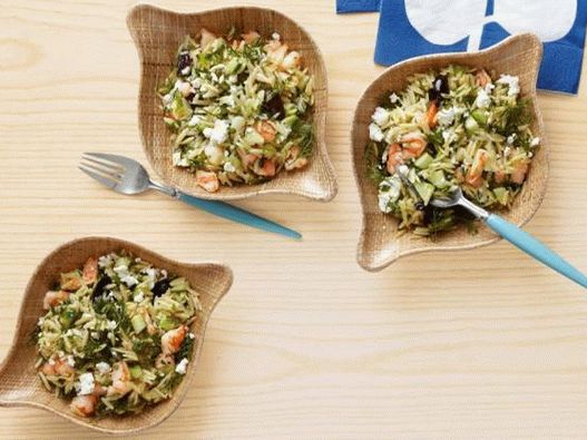 Orzo pasta salad with shrimp and feta cheese