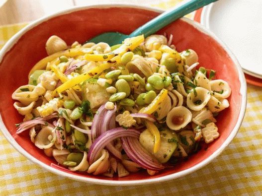 Photo of orecchiette pasta salad with vegetables, corn and beans