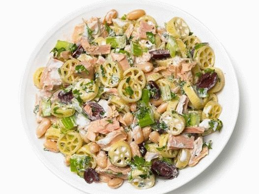 Photo Salad with pasta, tuna, celery, white beans and olives