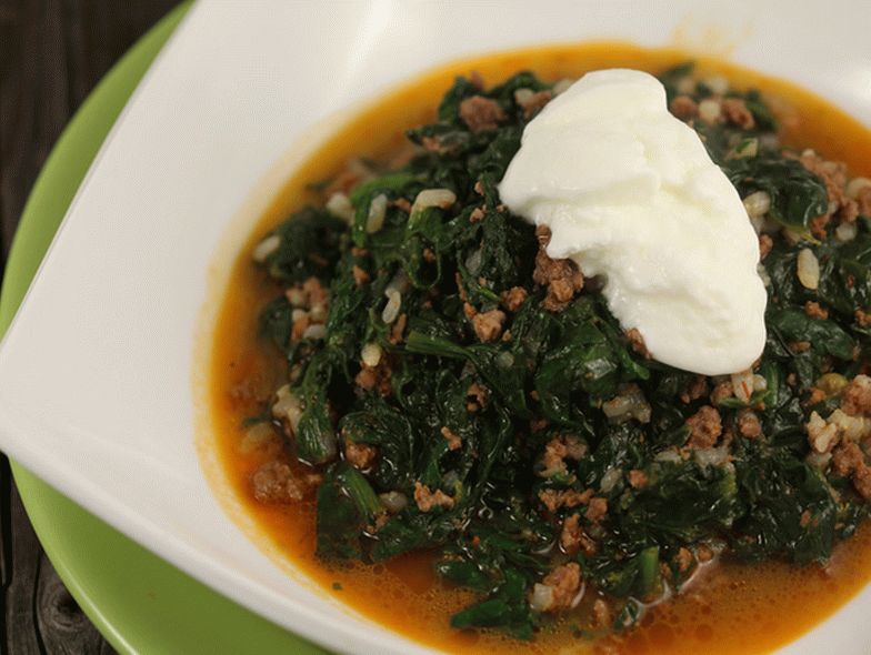 Spinach with minced meat and rice