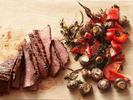 Photo of grilled beef steak with mushrooms and peppers