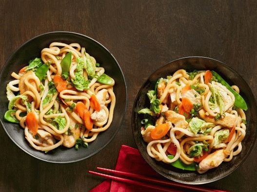Photo of steer-fry with udon noodles, chicken and vegetables