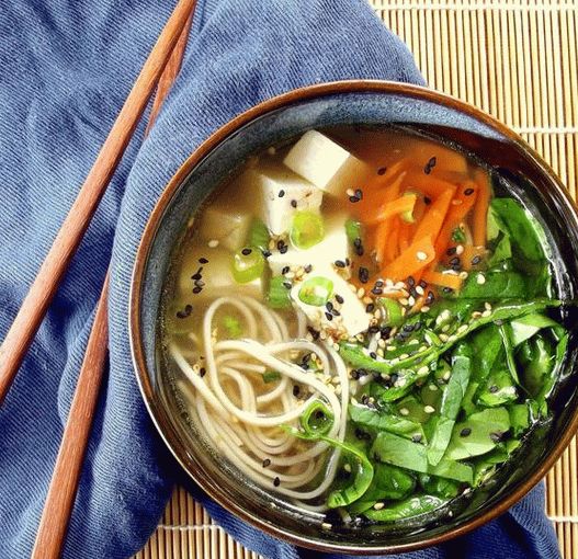 Photo Soup with spinach, tofu and soba noodles