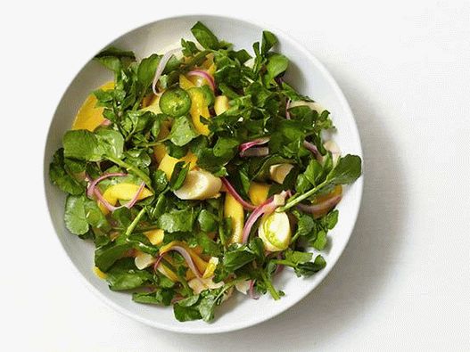 Photo Tropical salad of palm cores and watercress