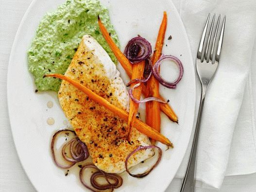 Photo of Grilled halibut with mashed green peas and ricotta