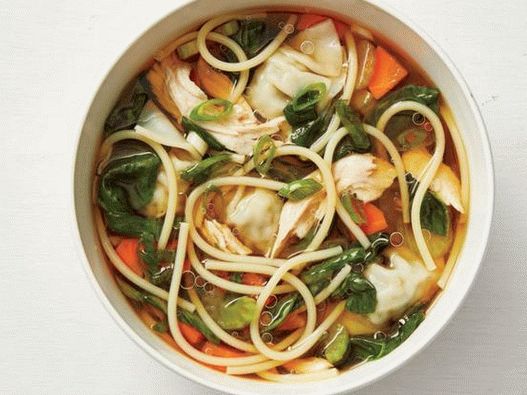 Chicken soup with pasta and Asian dumplings