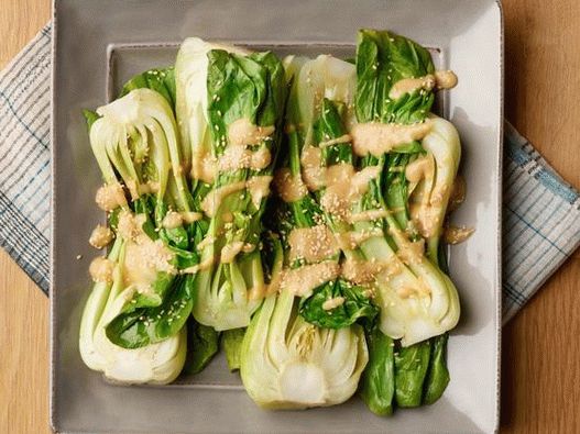 Bok choy cabbage with miso sauce in the microwave