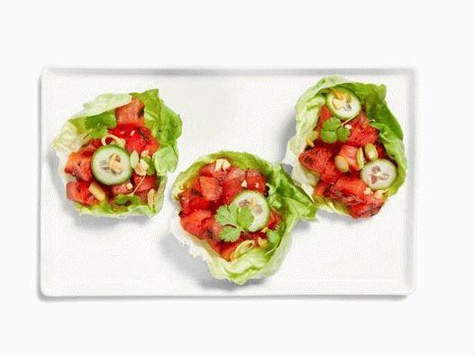 Photo of grilled watermelon in Thai salad leaves